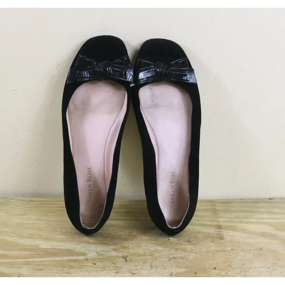Taryn Rose Shoes 9M Black Suede Ballet Flats Patent Leather Bow Slip Ons